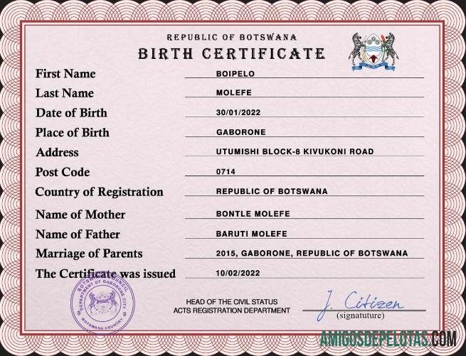 Realista modelo PSD de certidão de nascimento de registro vital de Botsuana